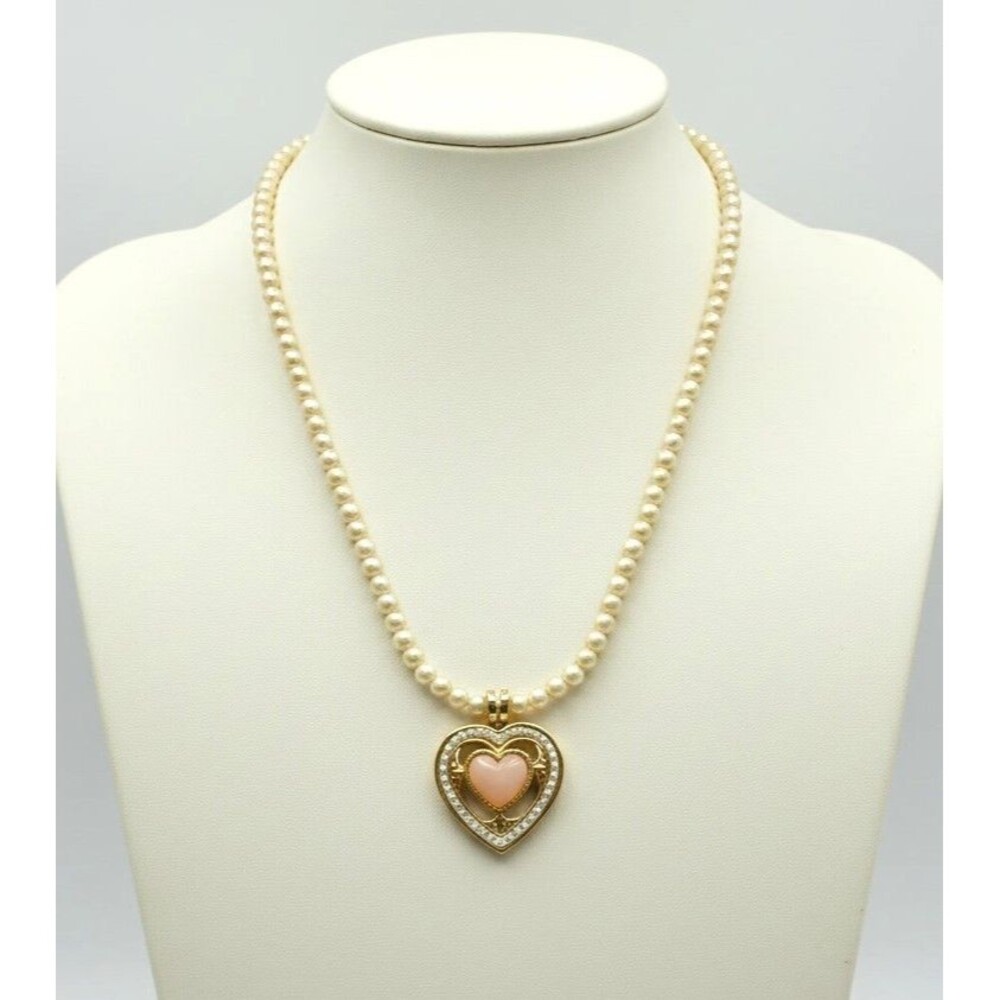 Vintage Gold Tone Faux Pearl Strand Pink Heart Cabochon Enhancer Pendant Necklac